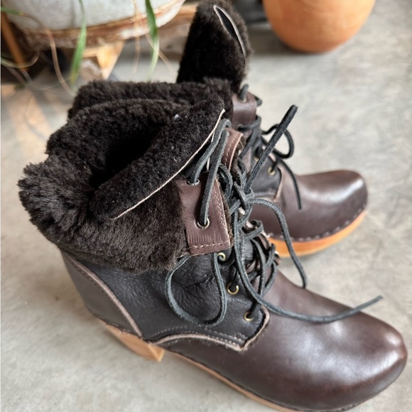 No.6 Clog Shearling Lined Lace Up Boot Sz 39 Black & Brown Natural Base 3” heel - Picture 10 of 16